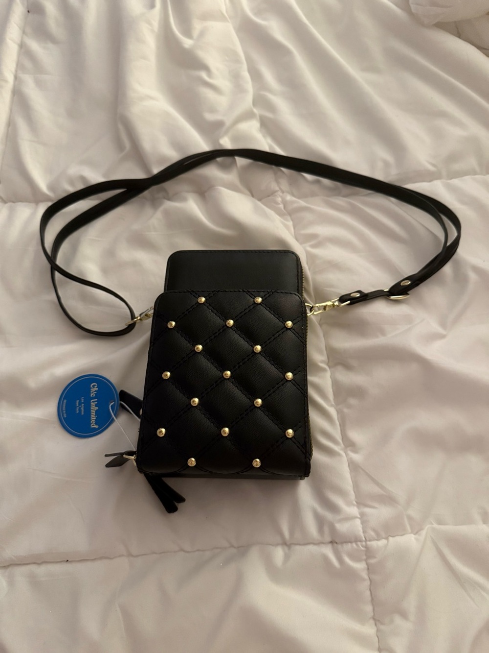 Black Gold Studded Vegan Leather Quilted Crossbody Bag